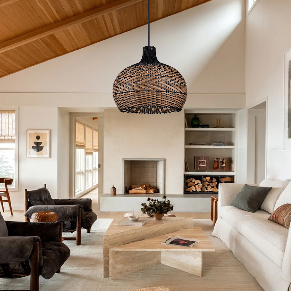 Modern Black Rattan Pendant Light Natural Handwoven Art