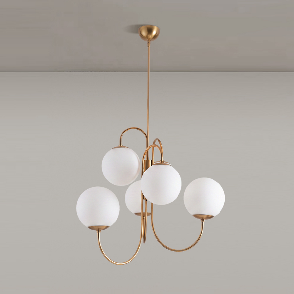 Postmodern Iron Pendant Light Milky White Glass Globes 6 Heads Chandelier