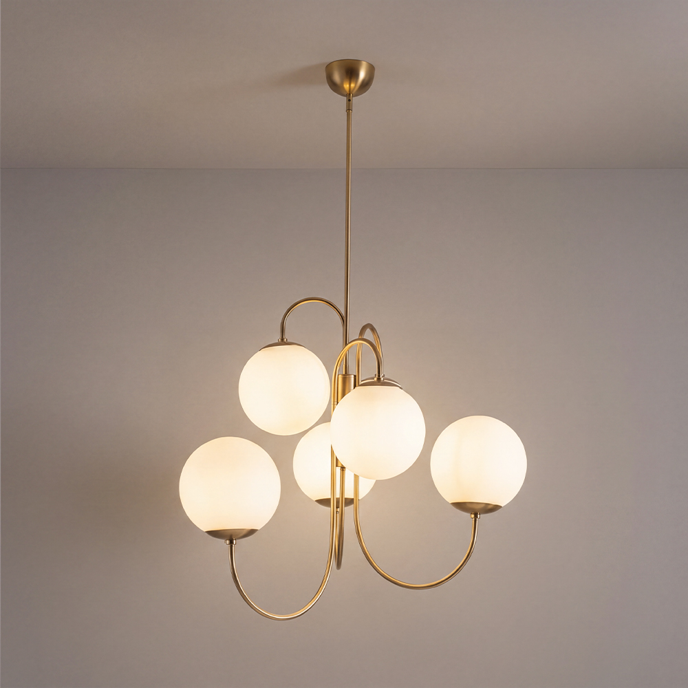 Postmodern Iron Pendant Light Milky White Glass Globes 6 Heads Chandelier