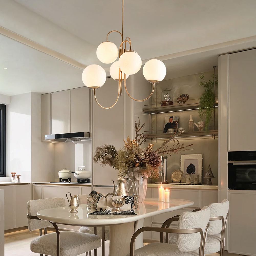 Postmodern Iron Pendant Light Milky White Glass Globes 6 Heads Chandelier