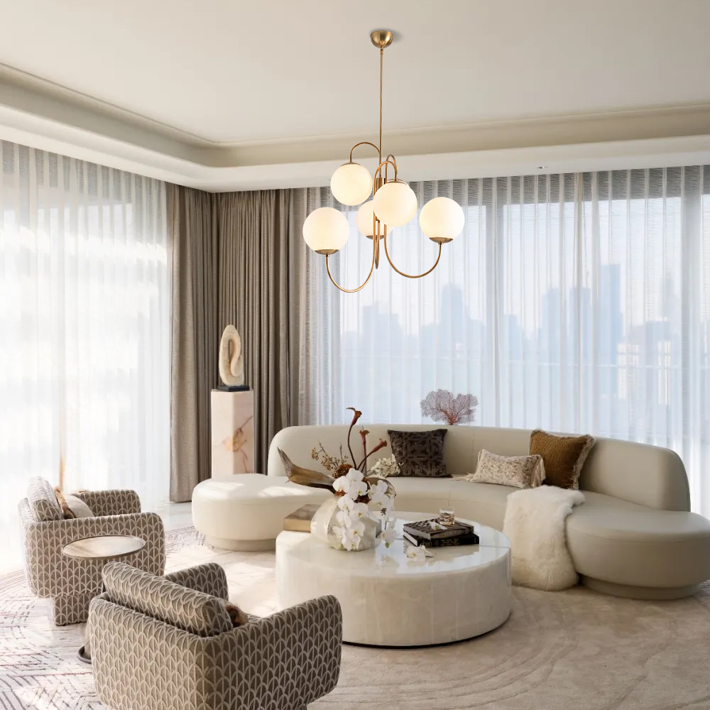 Postmodern Iron Pendant Light Milky White Glass Globes 6 Heads Chandelier