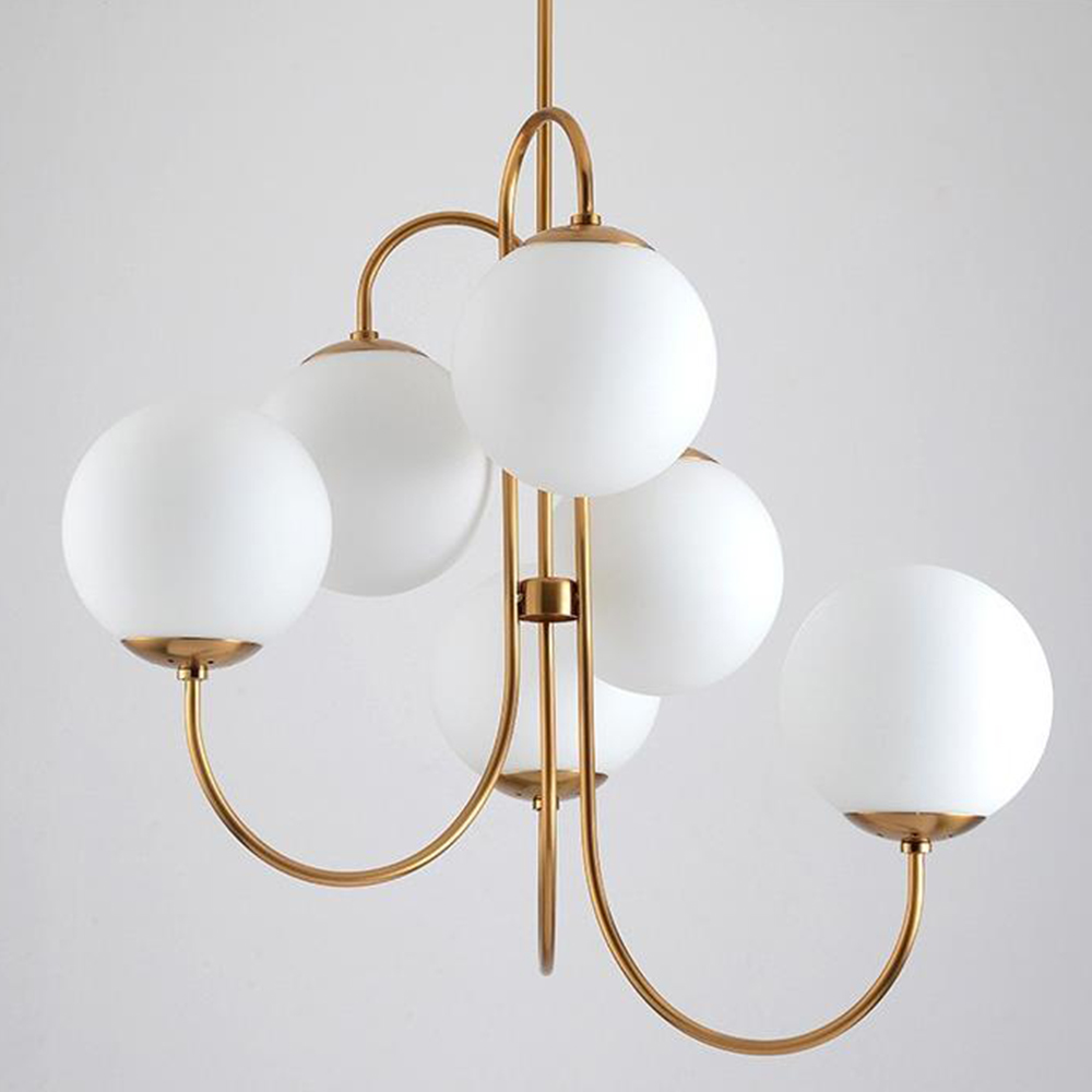 Postmodern Iron Pendant Light Milky White Glass Globes 6 Heads Chandelier