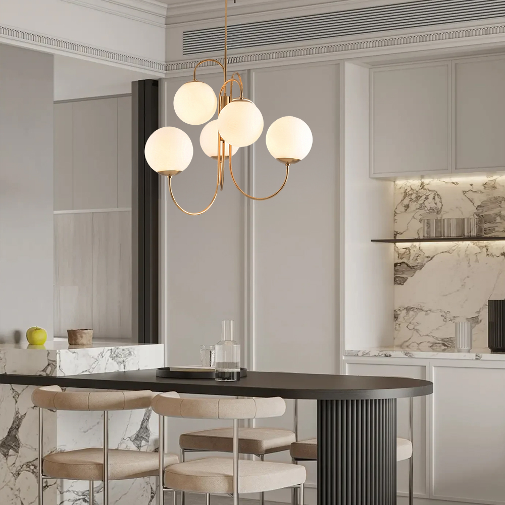 Postmodern Iron Pendant Light Milky White Glass Globes 6 Heads Chandelier
