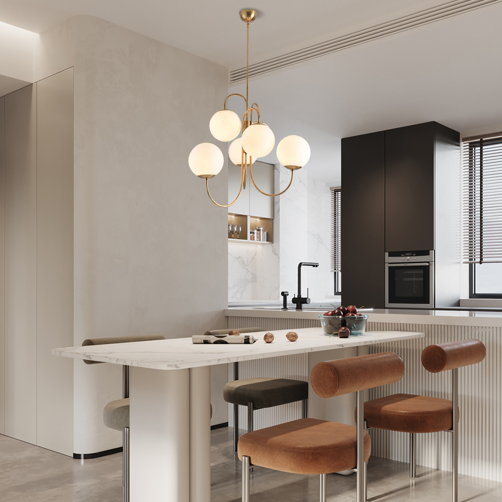 Postmodern Iron Pendant Light Milky White Glass Globes 6 Heads Chandelier