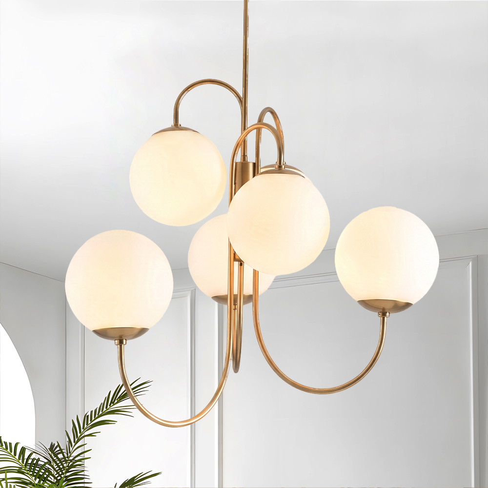 Postmodern Iron Pendant Light Milky White Glass Globes 6 Heads Chandelier
