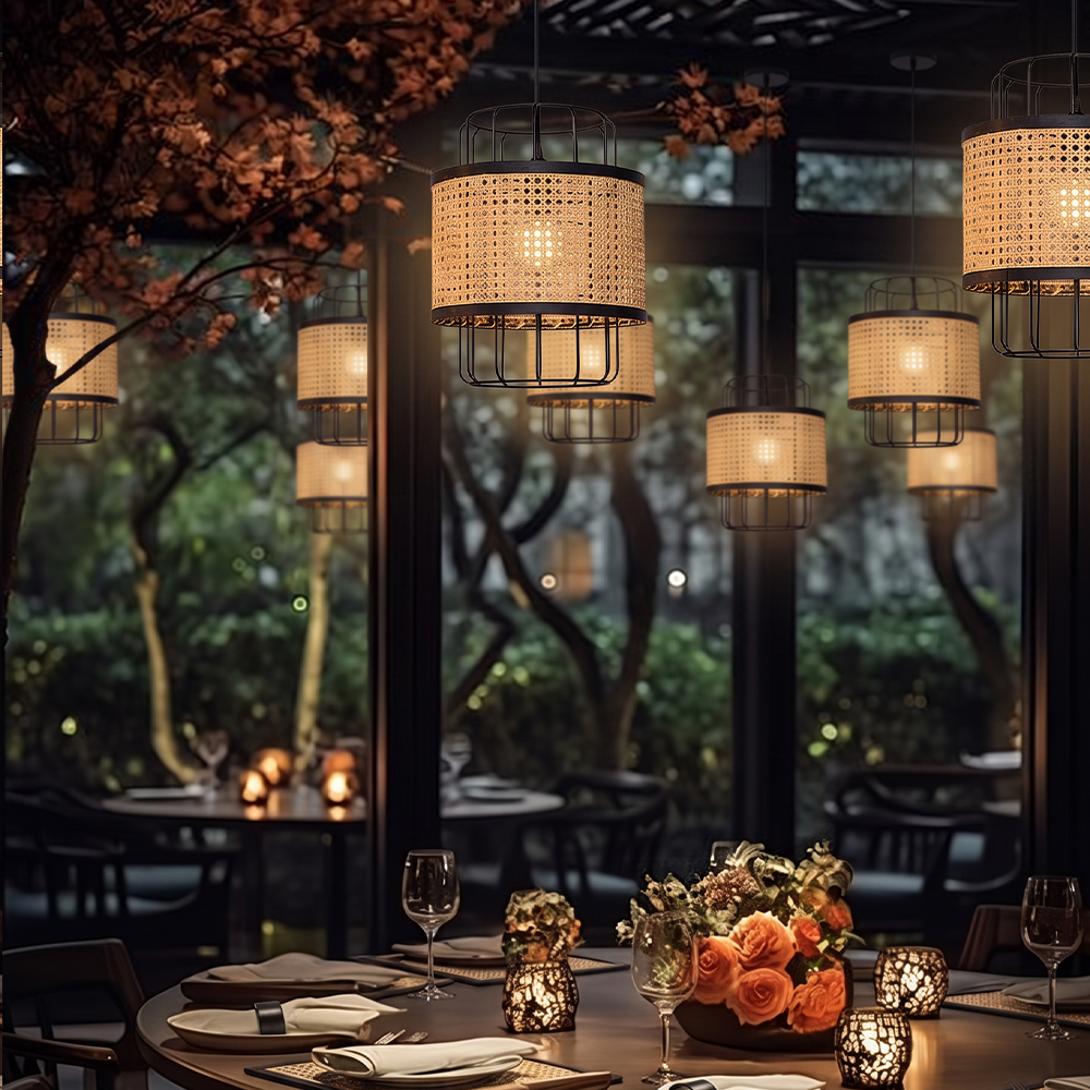 Modern Woven Rattan Dining Room Pendant Light Japanese Restaurants Decor Lamps
