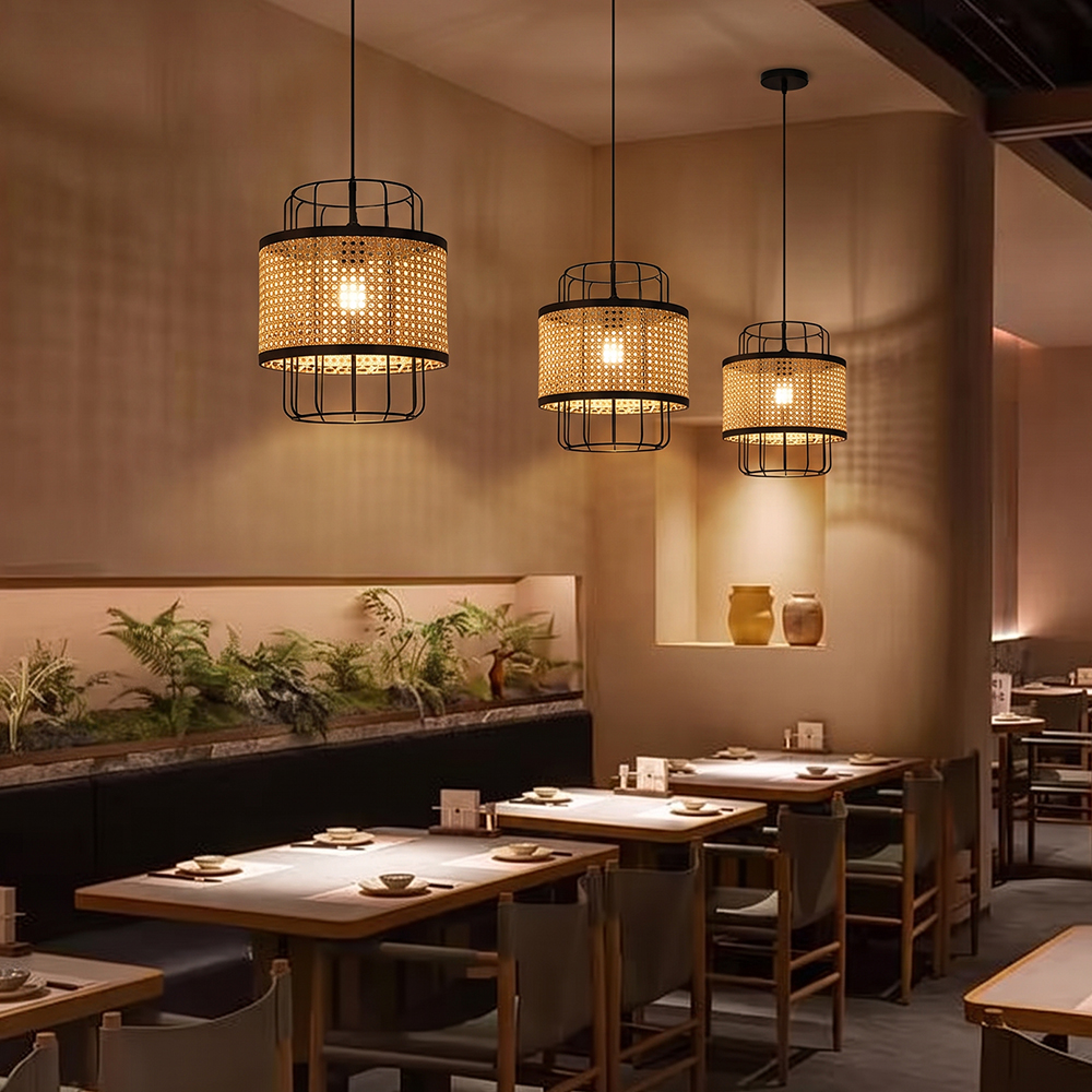 Modern Woven Rattan Dining Room Pendant Light Japanese Restaurants Decor Lamps