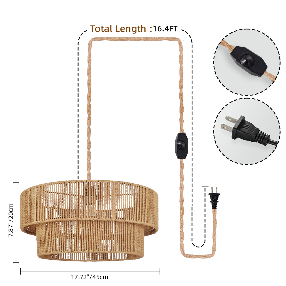 Hand-woven Hemp Rope Pendant Light with Plug Lighting for Living Rooms Kitchens