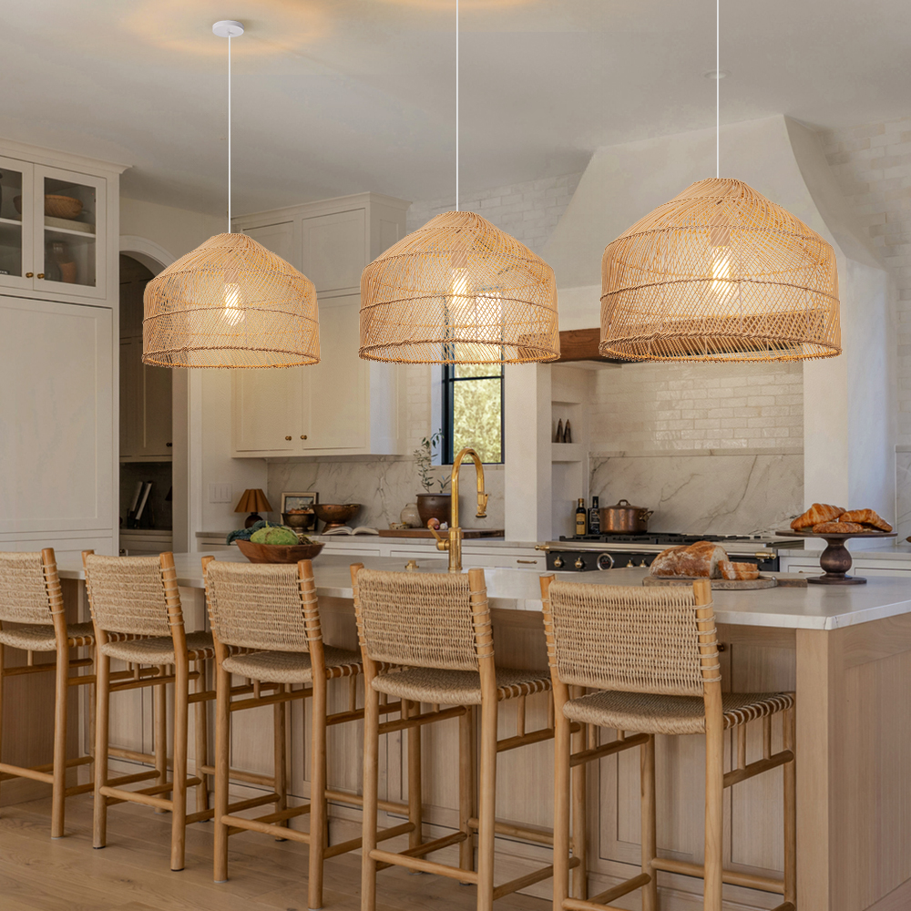 Restaurant Black Rattan Chandelier Natural Basket Woven Pendant Light for Kitchen Island