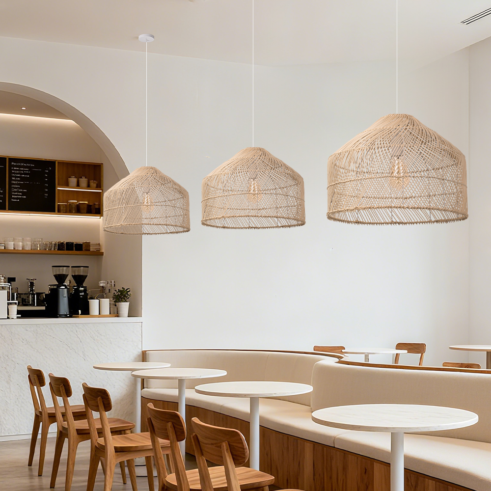 Restaurant Black Rattan Chandelier Natural Basket Woven Pendant Light for Kitchen Island