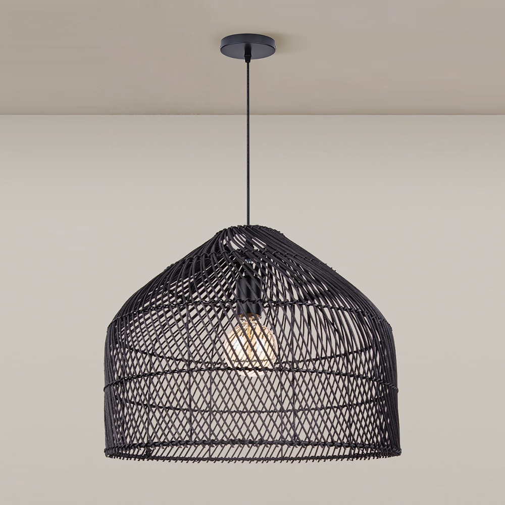 Restaurant Black Rattan Chandelier Natural Basket Woven Pendant Light for Kitchen Island