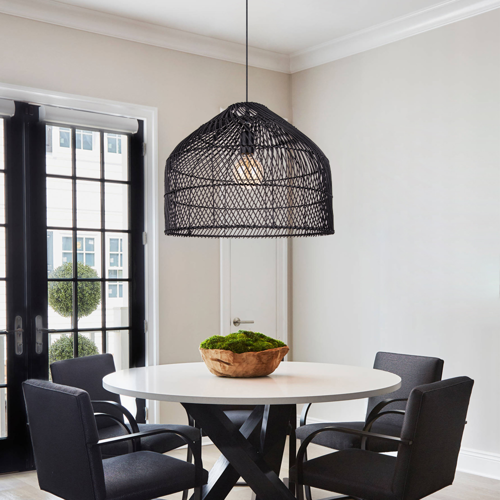 Restaurant Black Rattan Chandelier Natural Basket Woven Pendant Light for Kitchen Island