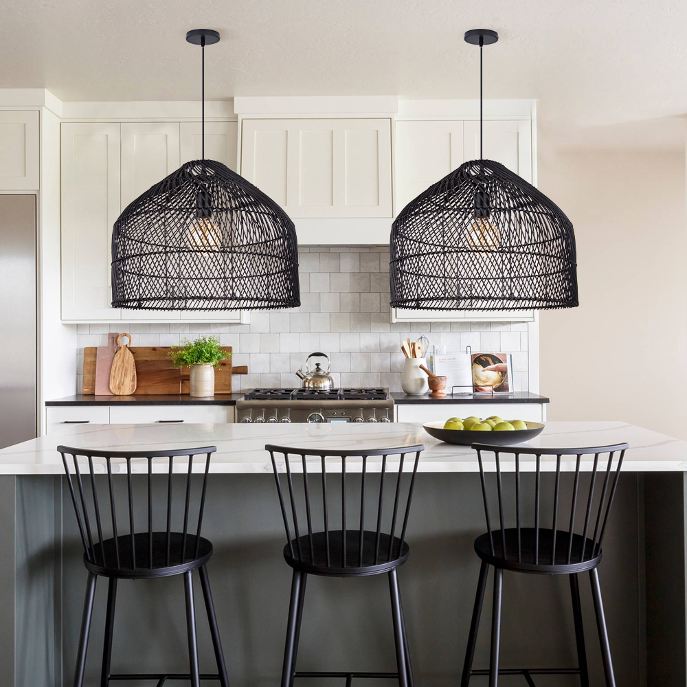 Restaurant Black Rattan Chandelier Natural Basket Woven Pendant Light for Kitchen Island