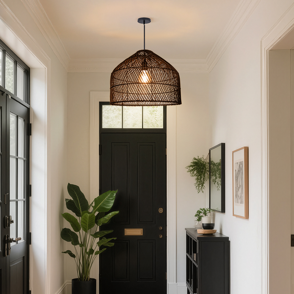 Restaurant Black Rattan Chandelier Natural Basket Woven Pendant Light for Kitchen Island