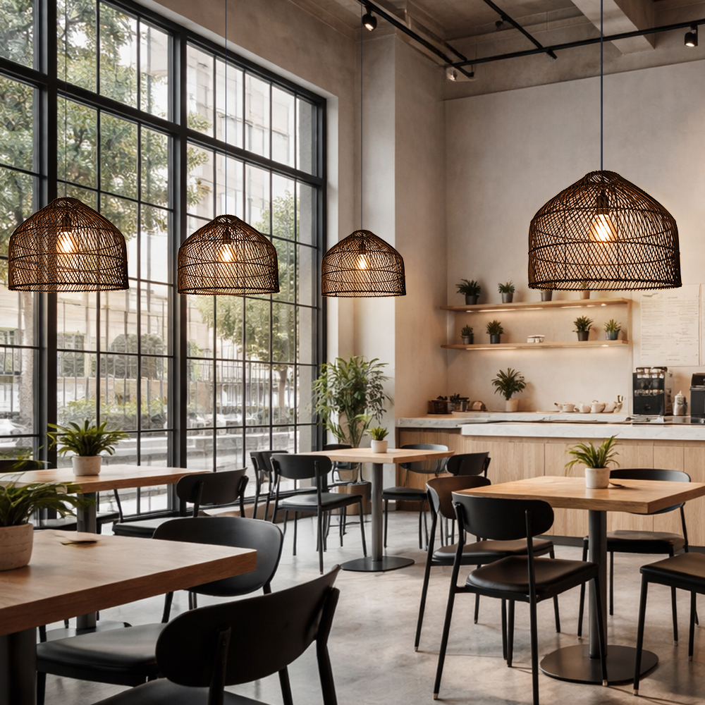 Restaurant Black Rattan Chandelier Natural Basket Woven Pendant Light for Kitchen Island