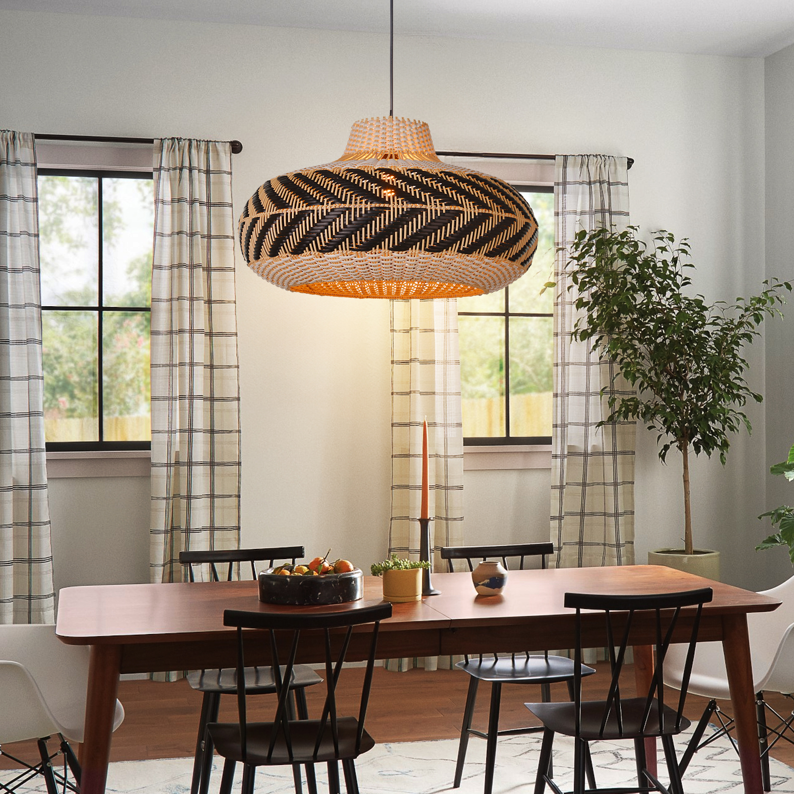 Dining Room Black Rattan Pendant Light Simple Home Decor Lighting Fixture