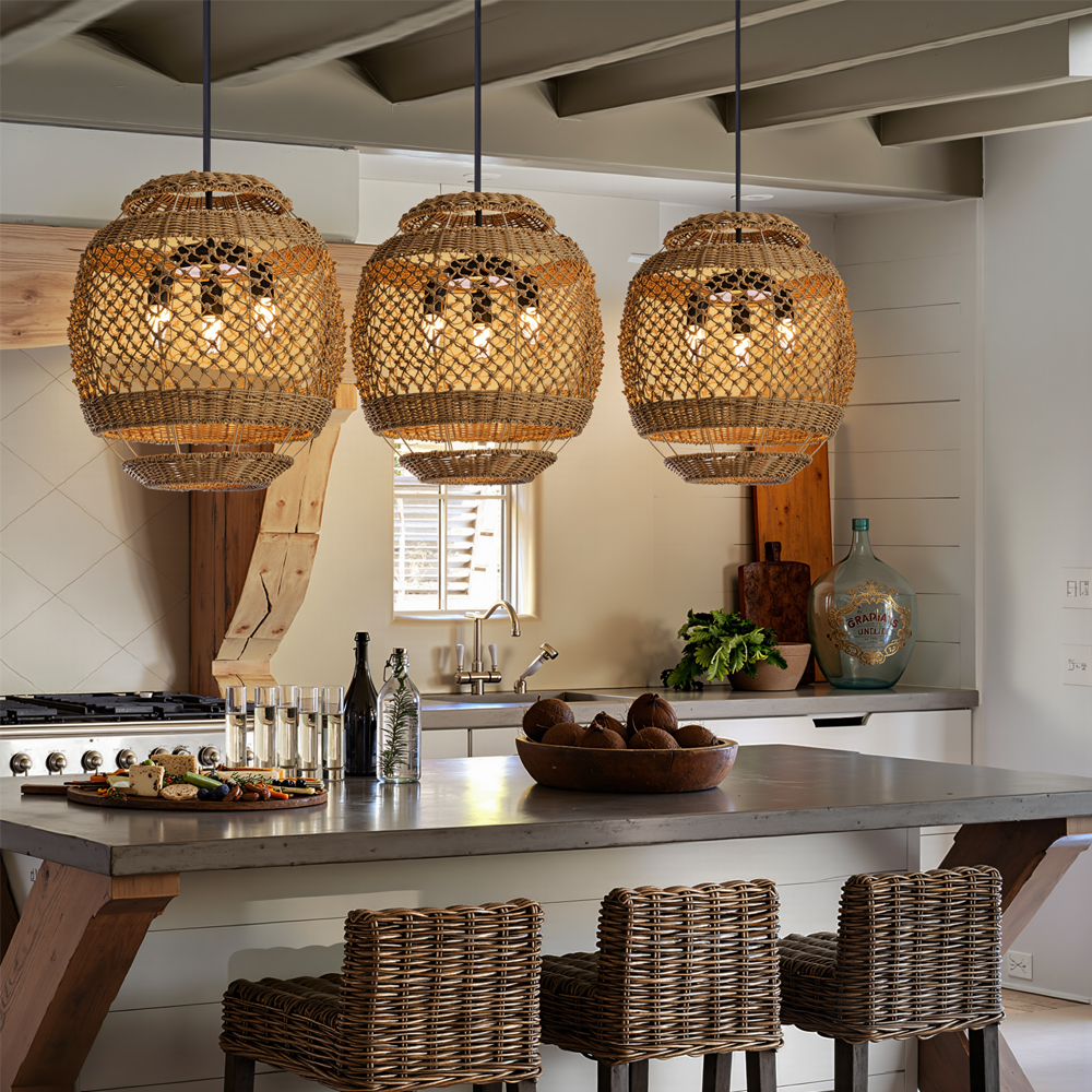 Retro Rattan Chandelier Wabi-sabi Style Kitchen Island 3-light Pendant Lampshade