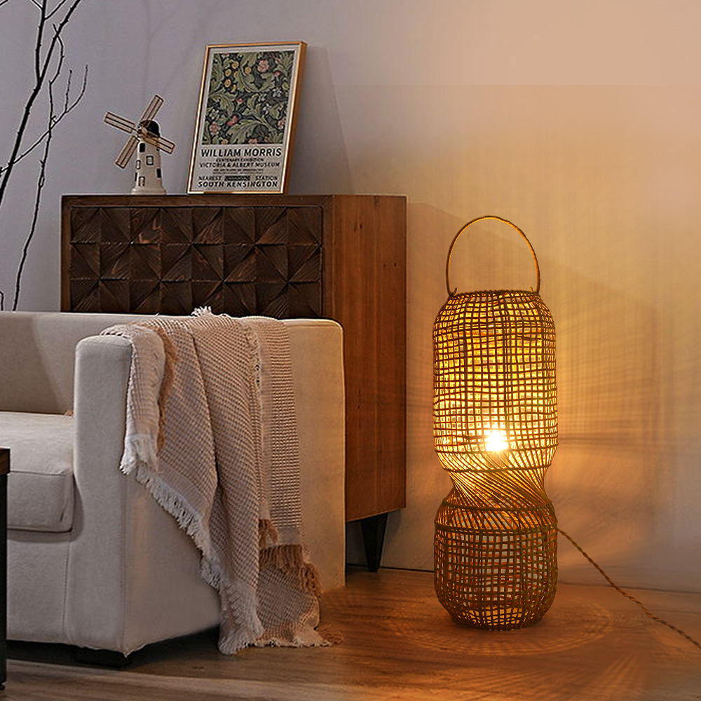 American Retro Rattan Floor Lamp Farmhouse hand-woven standing light for Living Room