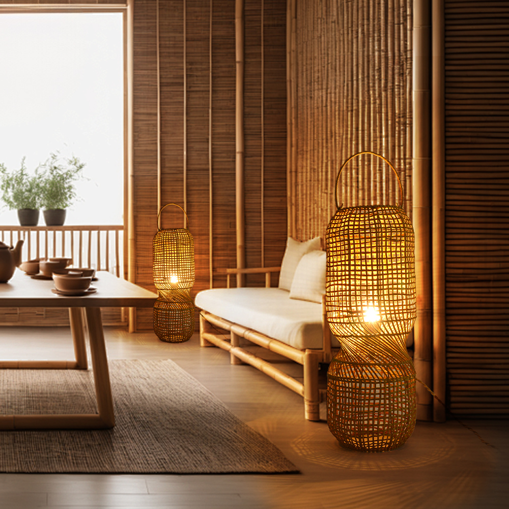 American Retro Rattan Floor Lamp Farmhouse hand-woven standing light for Living Room