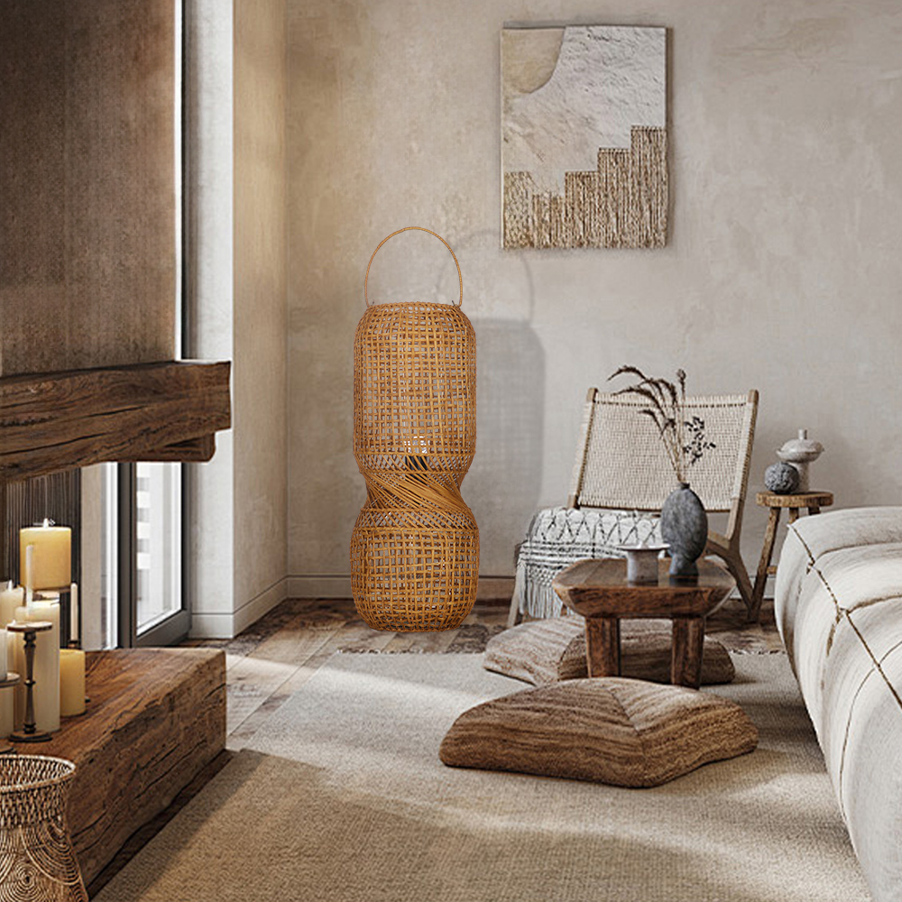 American Retro Rattan Floor Lamp Farmhouse hand-woven standing light for Living Room
