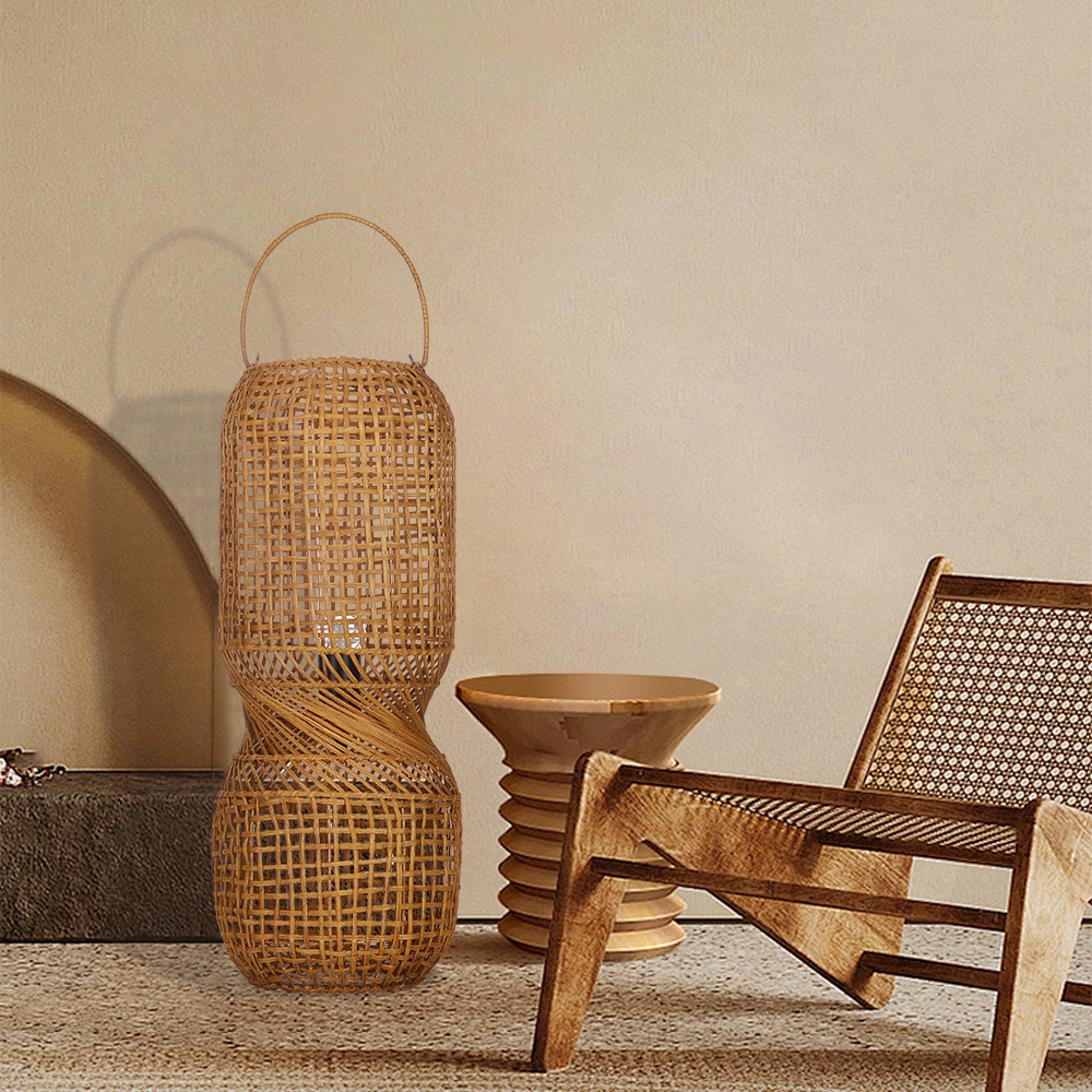 American Retro Rattan Floor Lamp Farmhouse hand-woven standing light for Living Room
