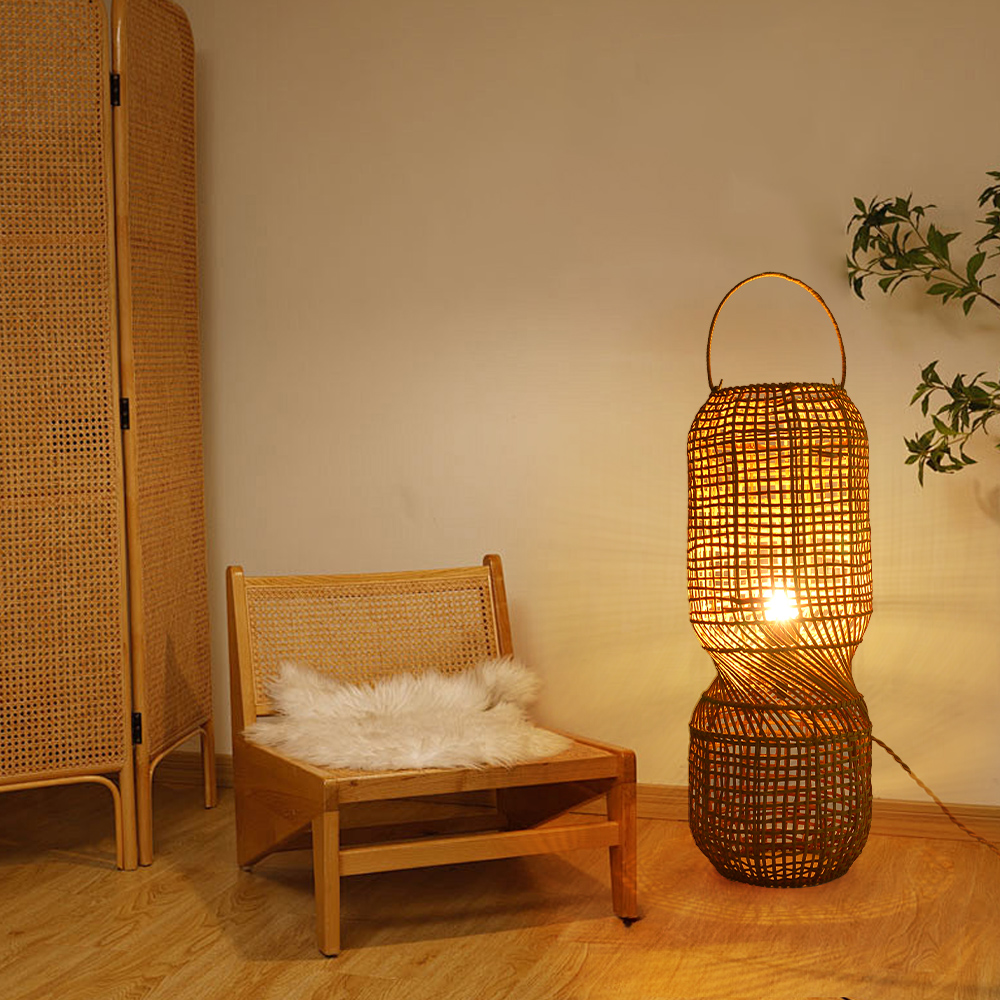 American Retro Rattan Floor Lamp Farmhouse hand-woven standing light for Living Room