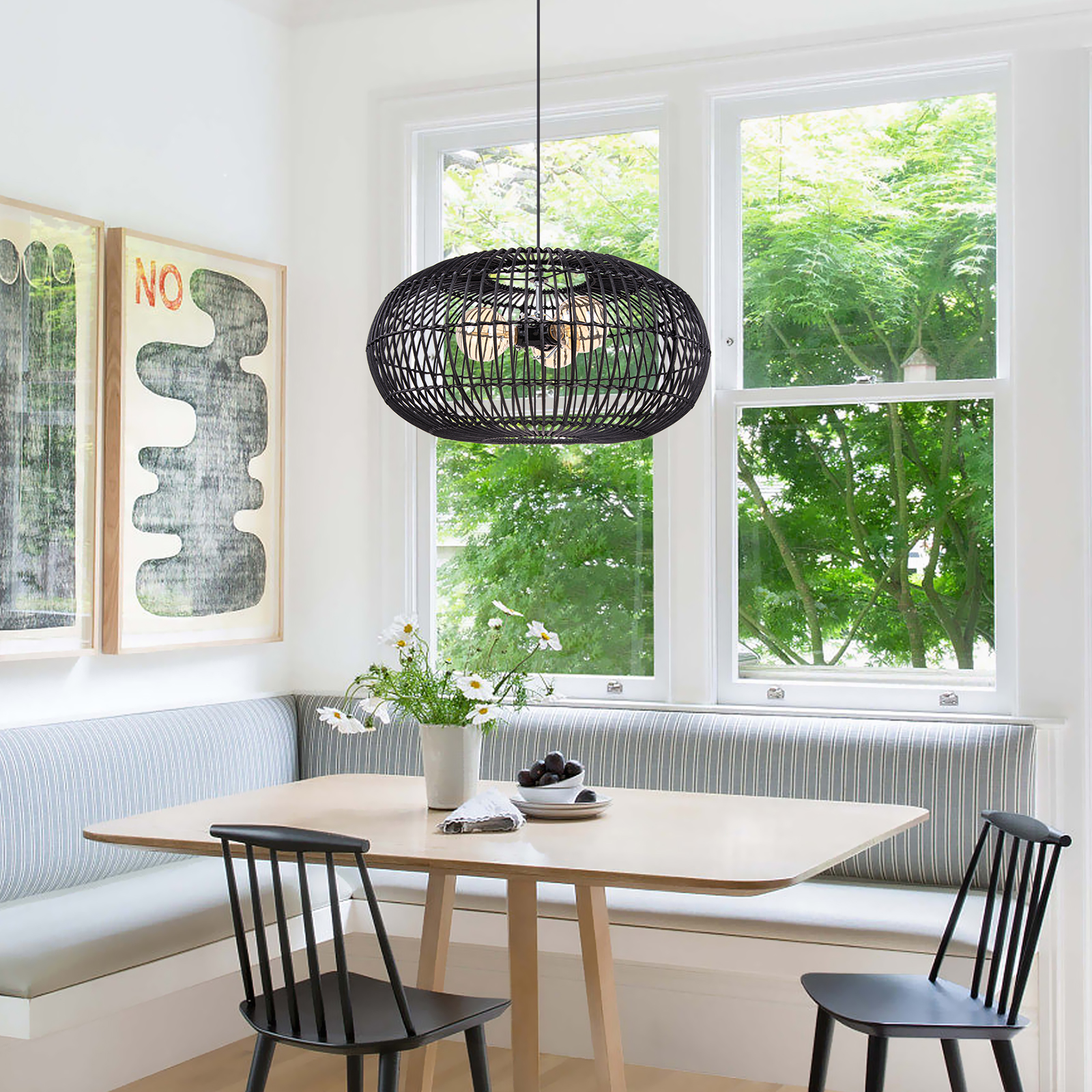 3 Bulbs Hanging Chandelier Medieval Style Dining Room Rattan Pendant Light