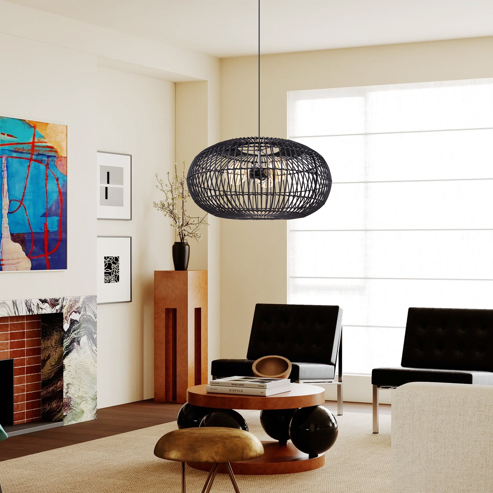 3 Bulbs Hanging Chandelier Medieval Style Dining Room Rattan Pendant Light