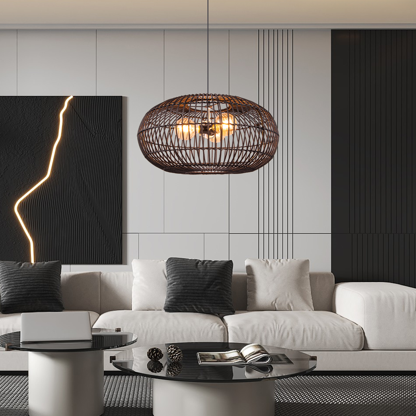 3 Bulbs Hanging Chandelier Medieval Style Dining Room Rattan Pendant Light
