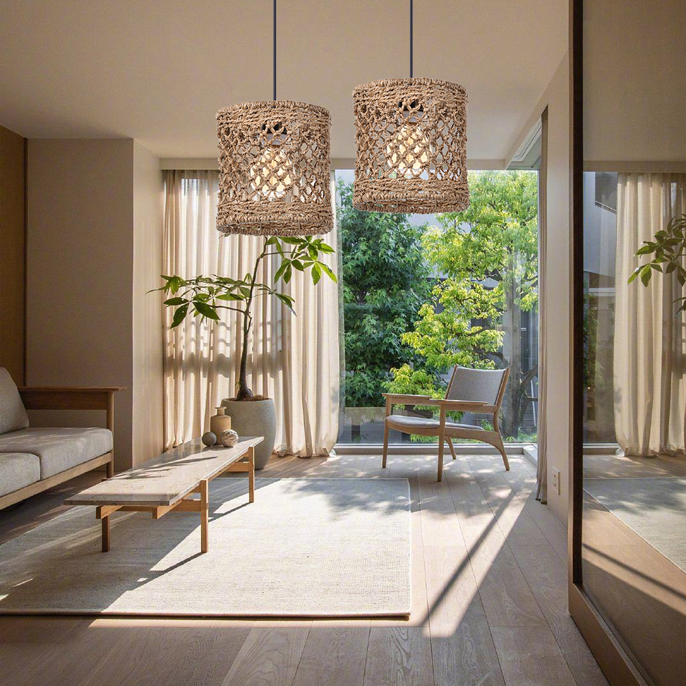 Retro Wicker Rattan Pendant Light Shade Restaurant Loft Style Grass Rattan Lamp