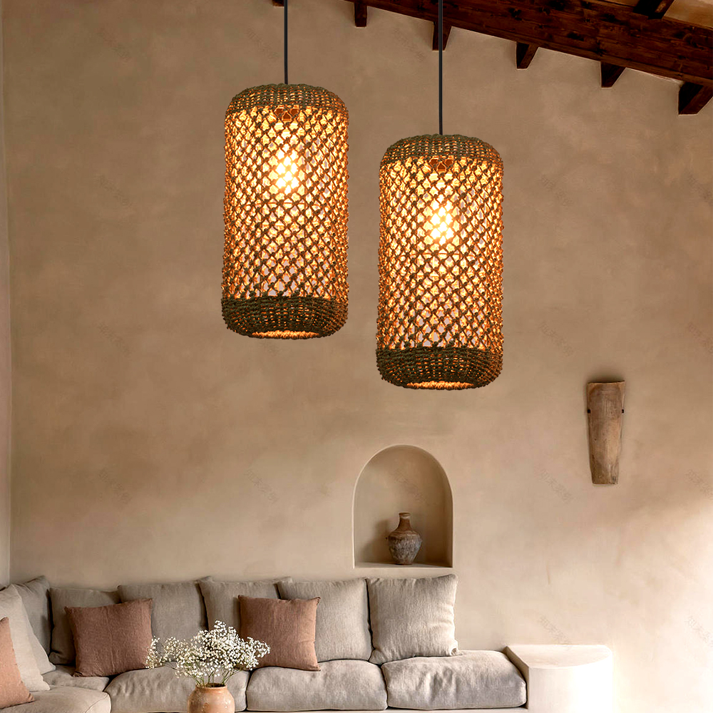 Retro Wicker Rattan Pendant Light Shade Restaurant Loft Style Grass Rattan Lamp