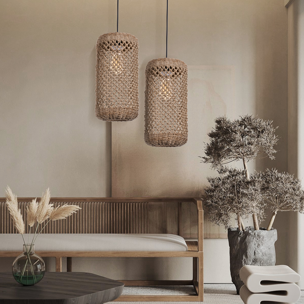 Retro Wicker Rattan Pendant Light Shade Restaurant Loft Style Grass Rattan Lamp