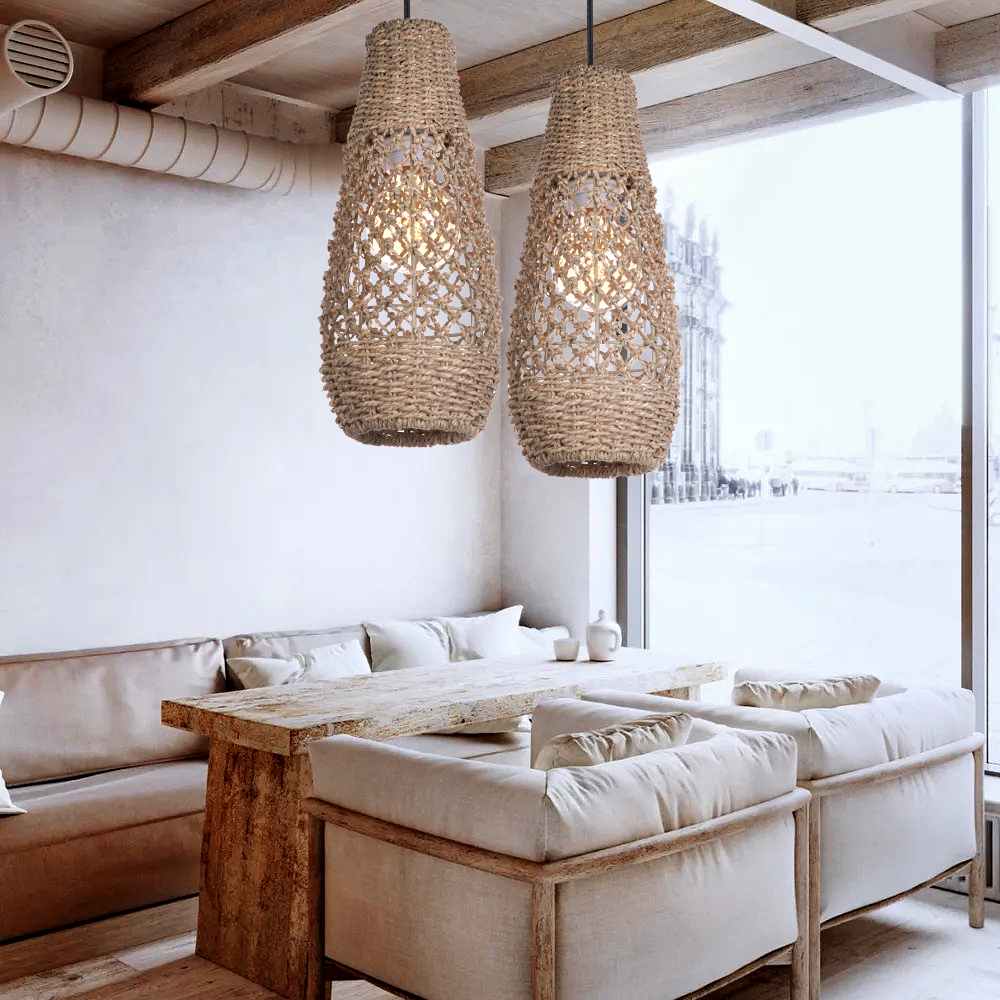 Retro Wicker Rattan Pendant Light Shade Restaurant Loft Style Grass Rattan Lamp