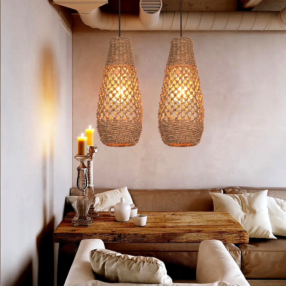 Retro Wicker Rattan Pendant Light Shade Restaurant Loft Style Grass Rattan Lamp