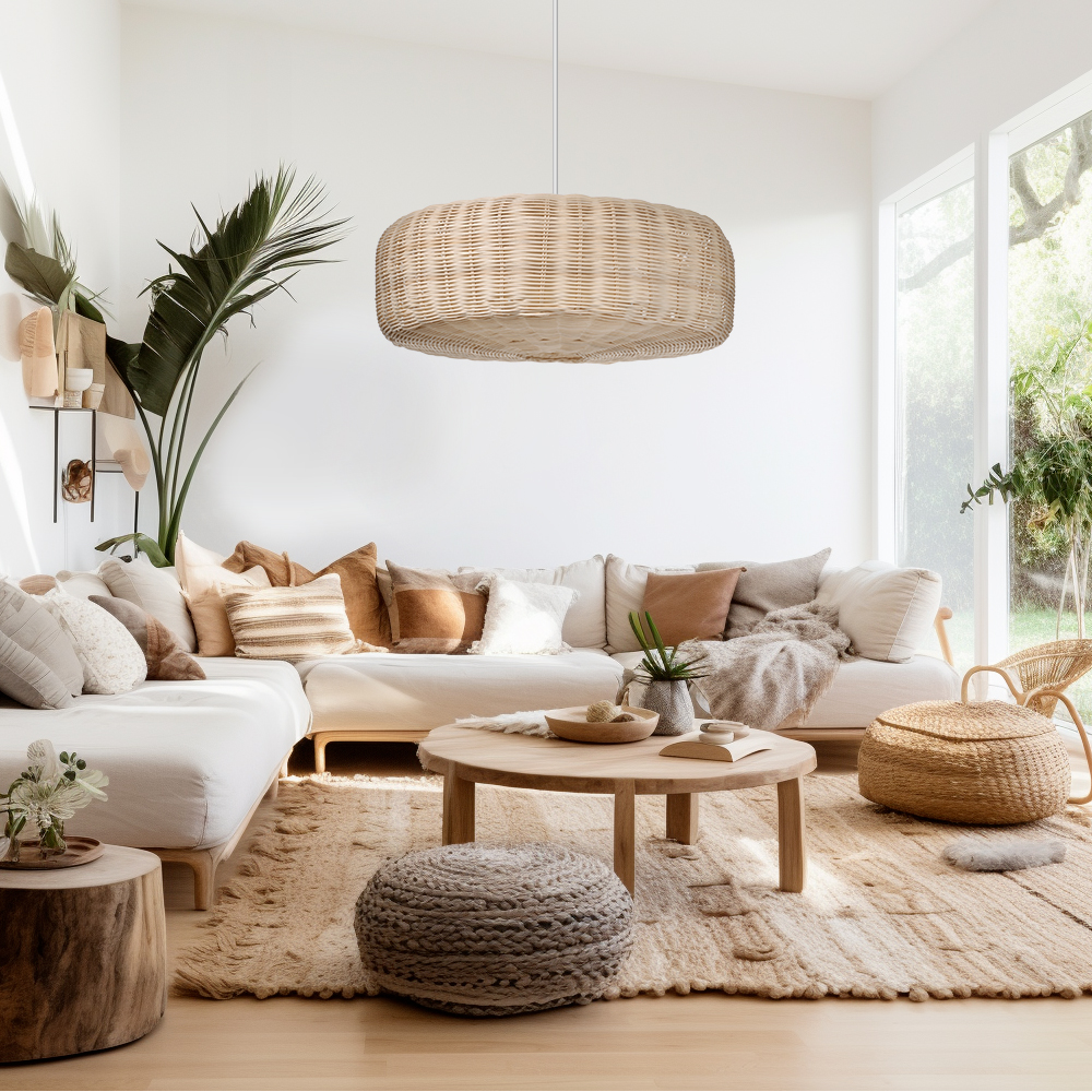 Handwoven Natural Rattan Lighting Fixture Japandi Living Room Hanging Lamp