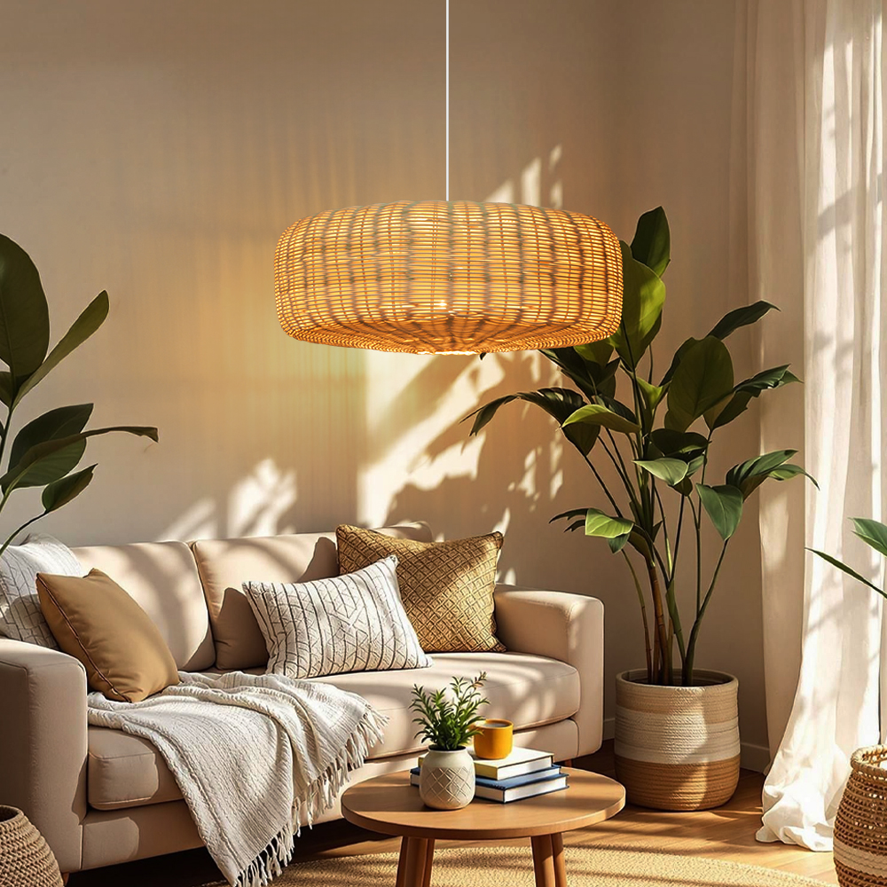 Handwoven Natural Rattan Lighting Fixture Japandi Living Room Hanging Lamp