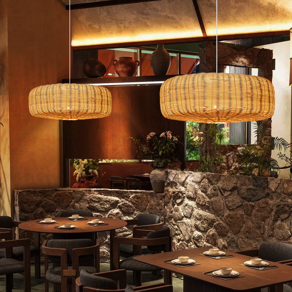 Handwoven Natural Rattan Lighting Fixture Japandi Living Room Hanging Lamp