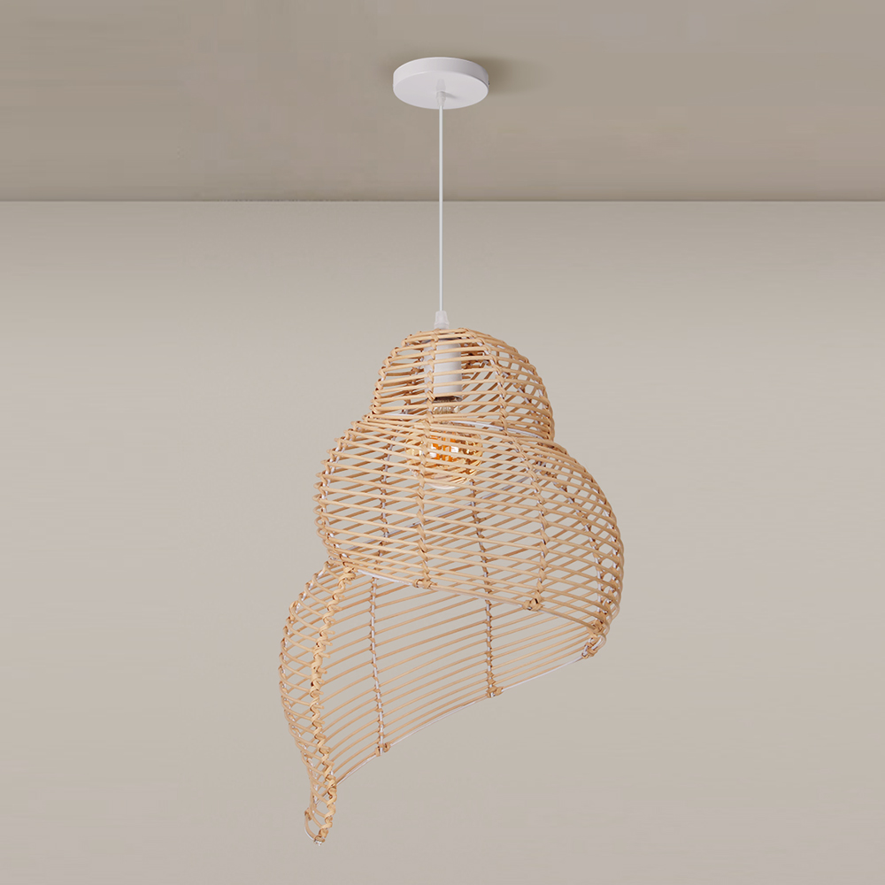 Hand Woven Spiral Rattan Pendant Light for Dining Room Sea Snail Shape Lamp Shade