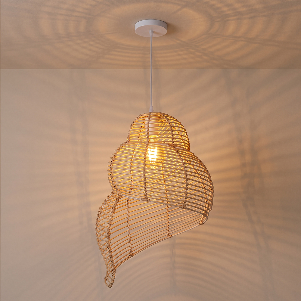 Hand Woven Spiral Rattan Pendant Light for Dining Room Sea Snail Shape Lamp Shade