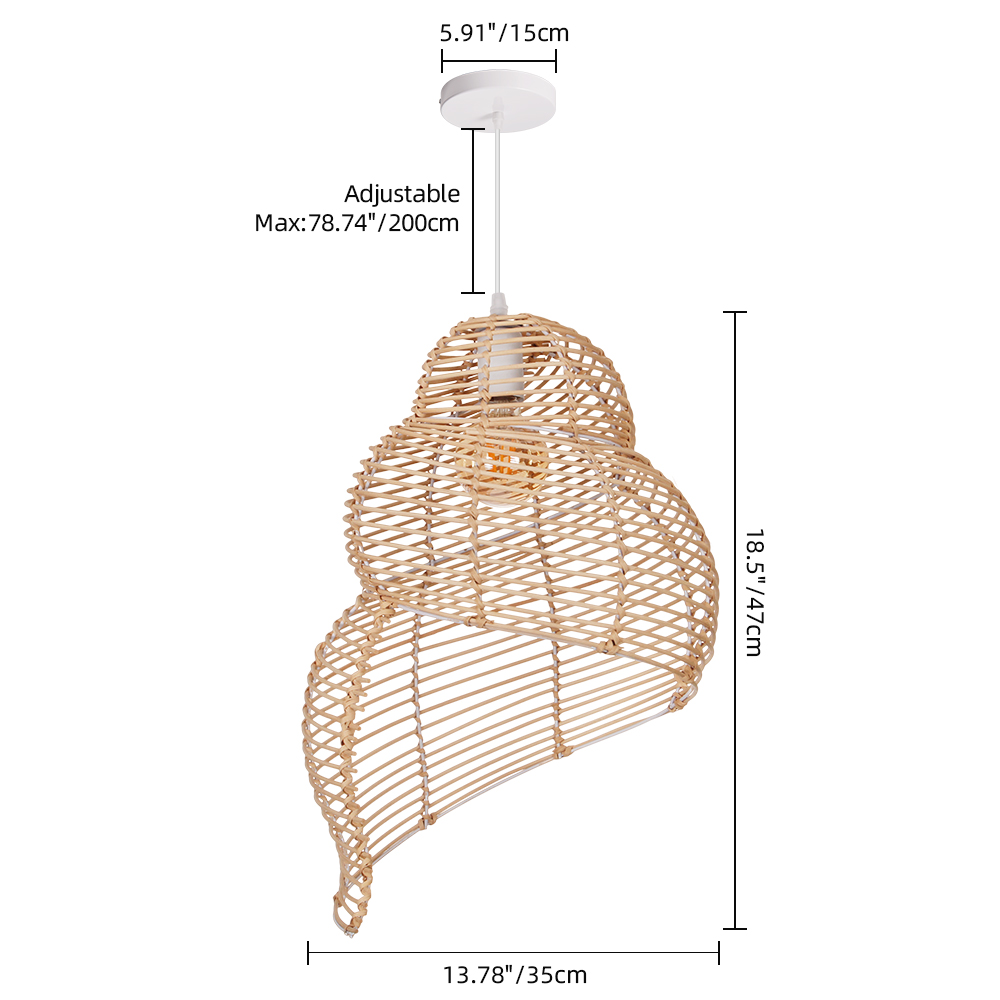 Hand Woven Spiral Rattan Pendant Light for Dining Room Sea Snail Shape Lamp Shade