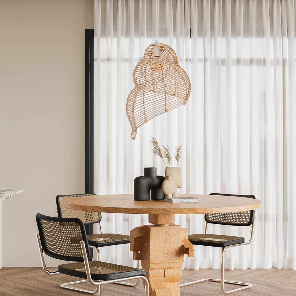 Hand Woven Spiral Rattan Pendant Light for Dining Room Sea Snail Shape Lamp Shade