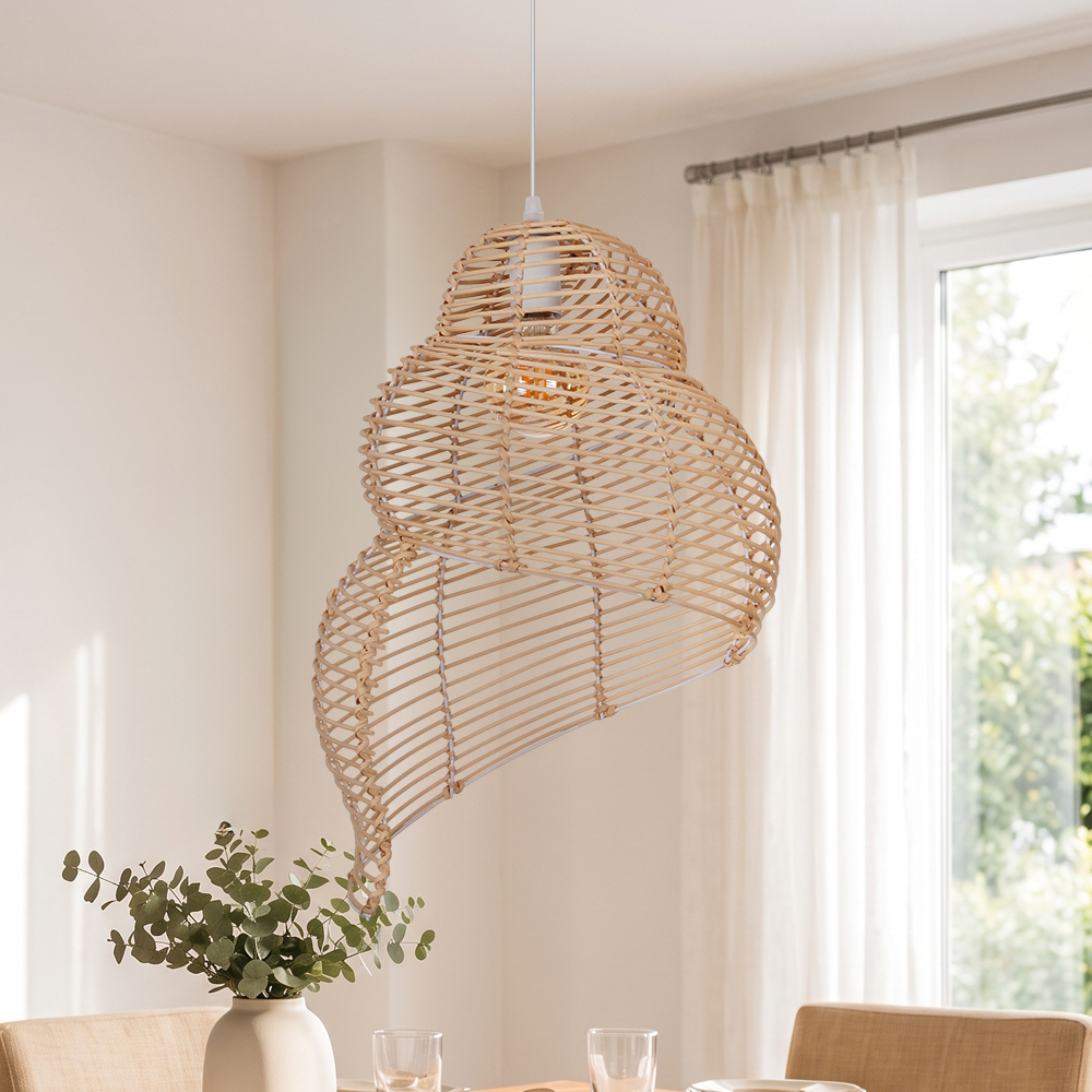 Hand Woven Spiral Rattan Pendant Light for Dining Room Sea Snail Shape Lamp Shade