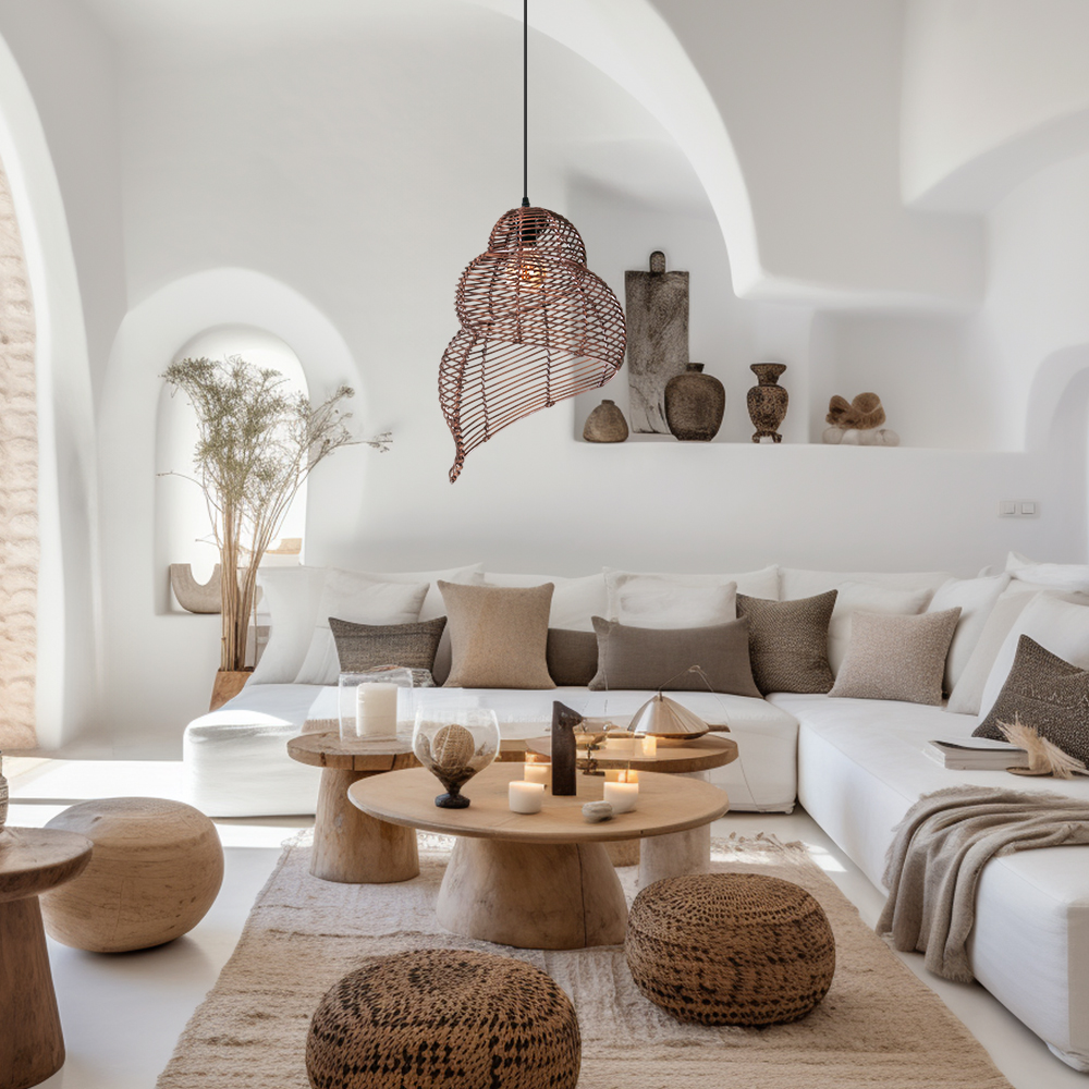 Modern Farmhouse Style Coffee-colored Rattan Spiral Pendant Light for Living Room Kitchen