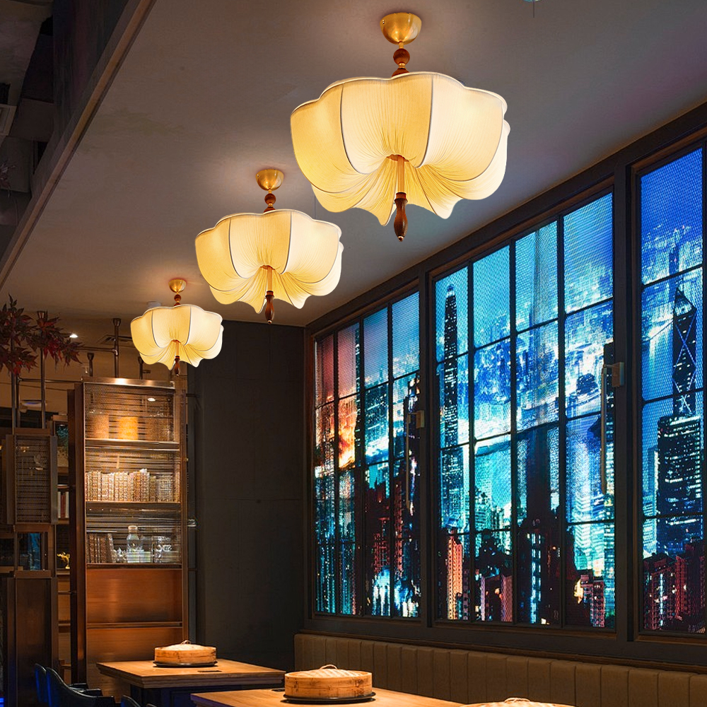 Retro Flower Shaped Fabric Ceiling Light Dining Room Bedroom Lamp