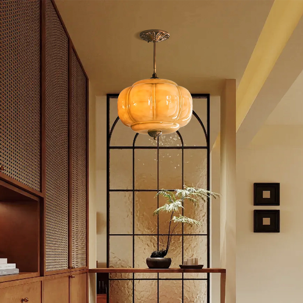 Medieval Vintage Entrance Flush Mount Lamp Simple Pumpkin Glass Pendant Light