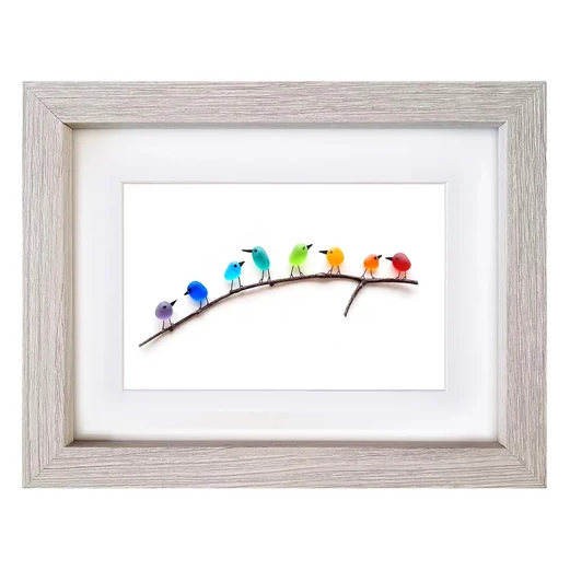 SEA GLASS RAINBOW BIRDS - FRAMED UNIQUE HANDMADE
