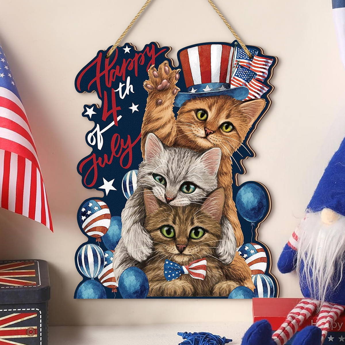 Spring's Furry Welcome!-Black Cat Doorplate with Daisy Wreath-Patriotic Cat Lover's Dream!