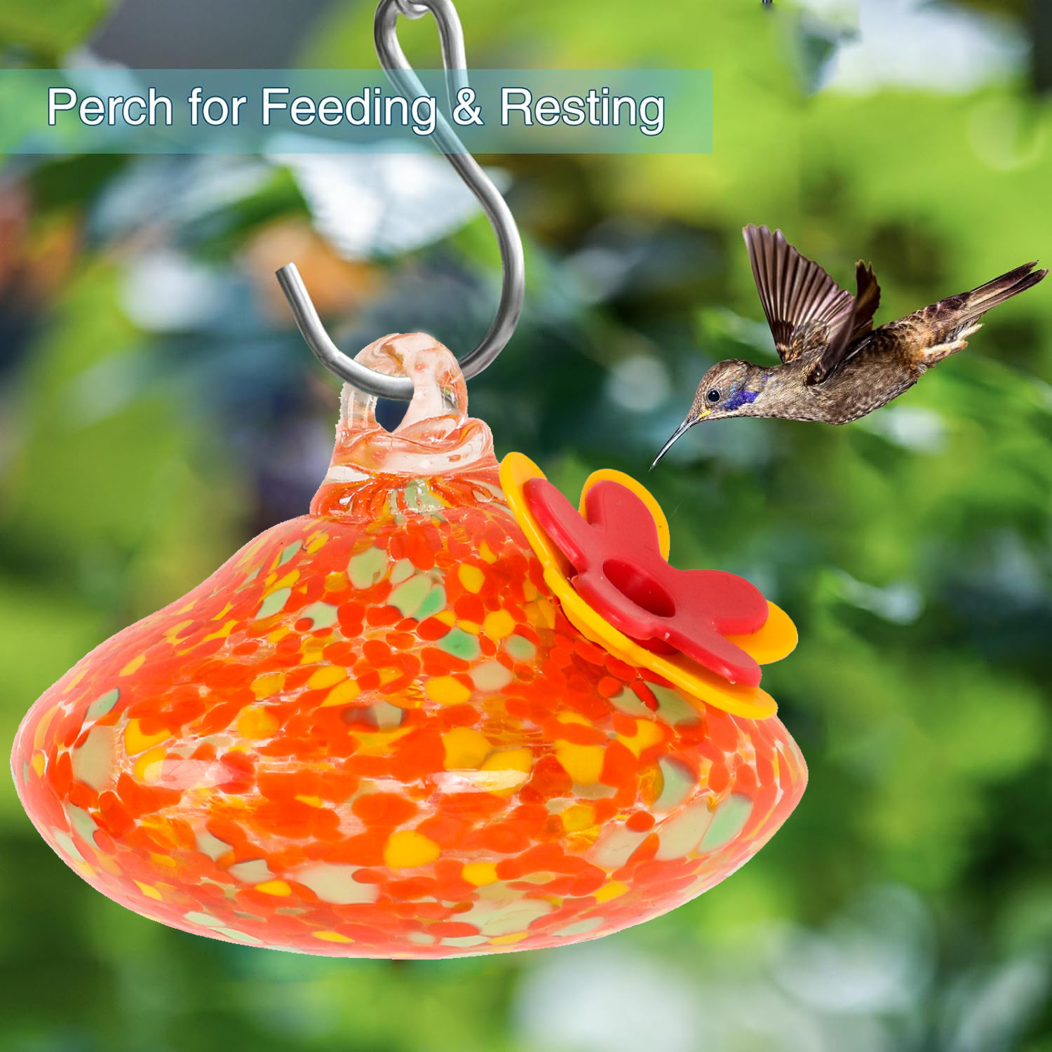 Handcrafted Glass Hummingbird Feeder with Flower Decoration