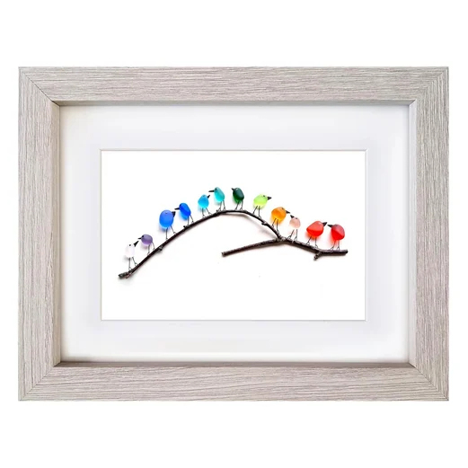 SEA GLASS RAINBOW BIRDS - FRAMED UNIQUE HANDMADE