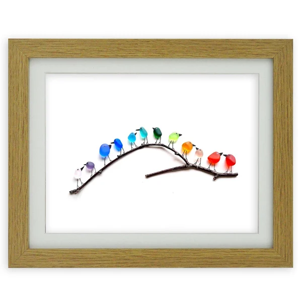SEA GLASS RAINBOW BIRDS - FRAMED UNIQUE HANDMADE